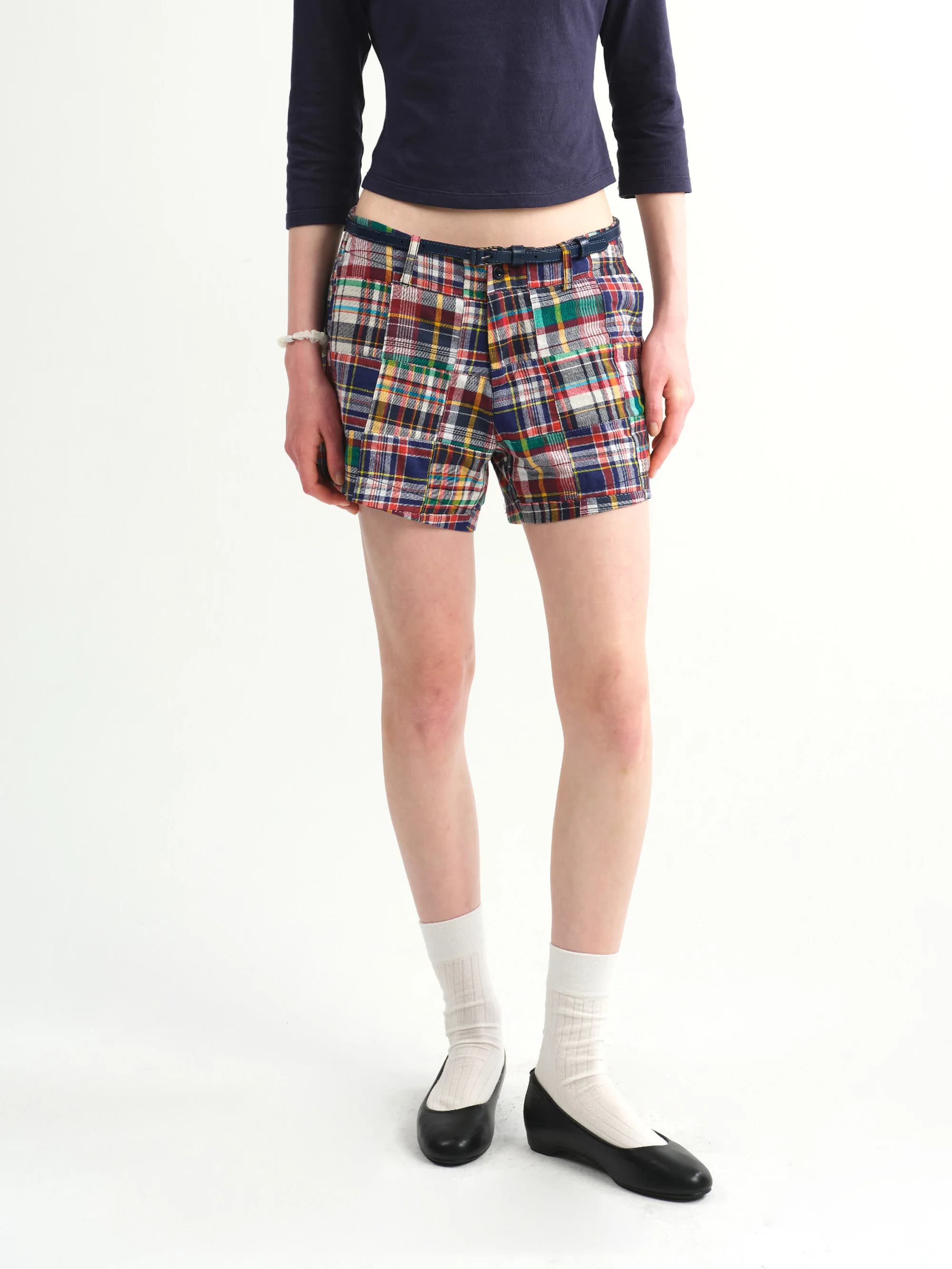 Pantaloncini a vita bassa con motivo a griglia patchwork, in cotone, a gamba dritta, a vita medio-bassa, da donna, alla moda, per la primavera