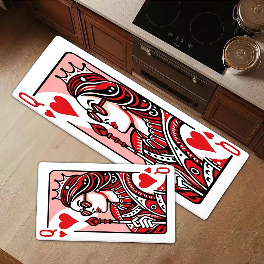 1/2/3Pcs Flannel Kitchen Mat—Modern Playing Card Queen of Hearts Area Rug Flannel Floor Mat Decorative Carpet Mat Stylish Home Decor Living Room Bedroom Kitchen Floor Mat—Soft,Comfortable,Suitable For Bathroom,Bedroom,Kitchen,Laundry Room