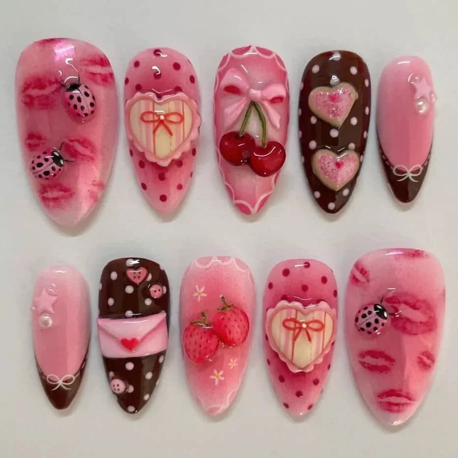 24 pezzi simpatico cartone animato fiocco di ciliegio unghie finte arte mandorla punta francese indossabile moda dolce rosa unghie artificiali finte con adesivo