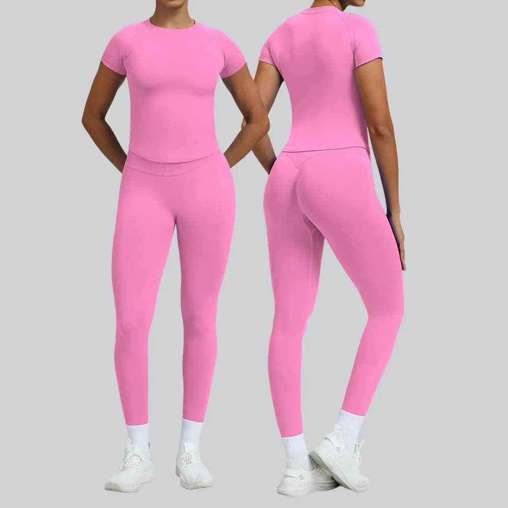 Set Yoga da Donna 2 Pezzi, Abbigliamento Sportivo Senza Cuciture, Completo da Palestra, Maglia a Maniche Corte e Leggings a Vita Alta, Tuta Sportiva per Ciclismo