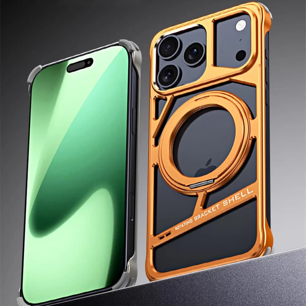 Custodia in metallo arancione in lega di alluminio per iPhone 17 Pro Max 16 15 14 Staffa di rotazione Custodia antiurto in metallo magnetico scavato