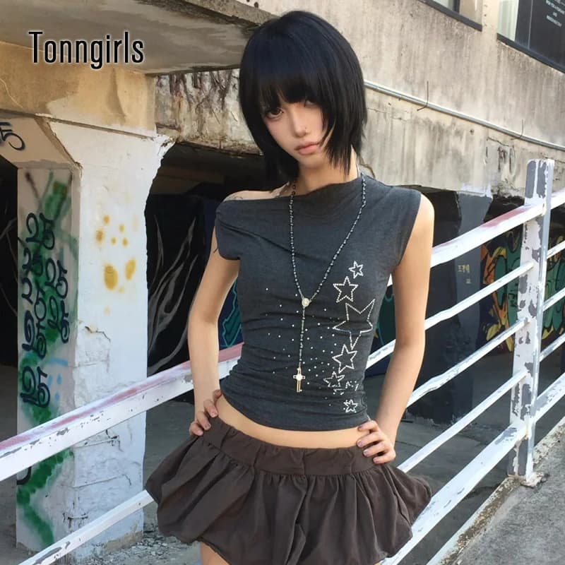 Tonngirls Y2K Japanese T-shirt Women Irregular Crop Tops Off Shoulder Diamonds Streetwear Grunge Tops Fairycore Tshirts