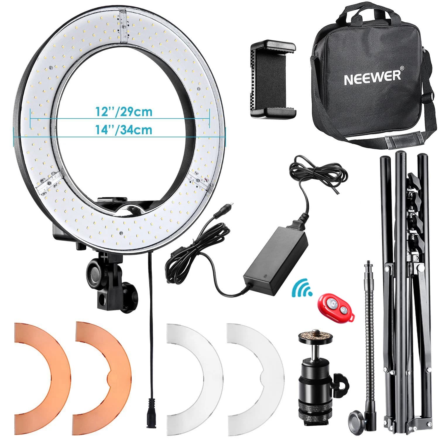 Neewer Anello luminoso a LED da 14 pollici, luce ad anello per selfie, lampada ad anello per fotografia con kit di supporto per illuminazione, per YouTube, trucco e telefono