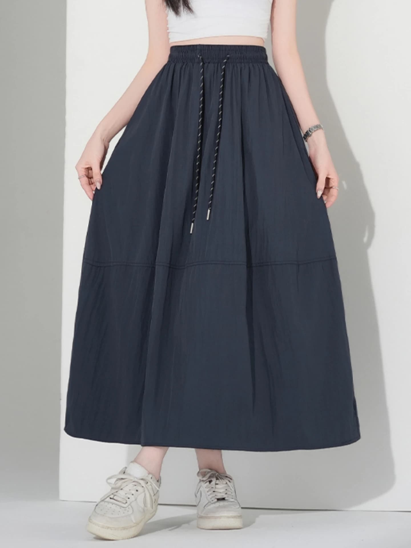 High Waist A-Line Midi Skirt Women's Summer Casual plus Size Conceal Hip Pear Shape Body Slimming Long Drawstring Skirts