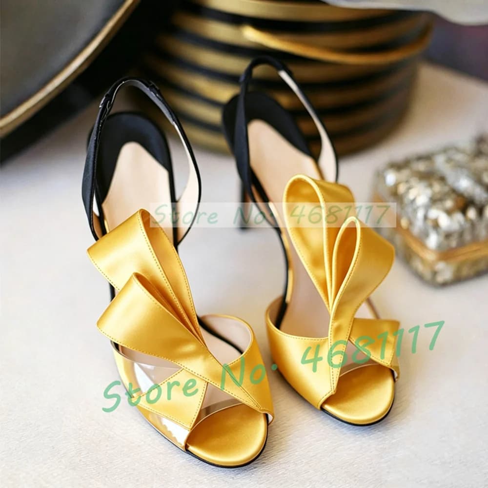 Sandali con tacco alto da donna con fiocco in raso sul retro, eleganti, bicolore, in vernice lucida, con cinturino in PVC trasparente, a punta aperta, per feste