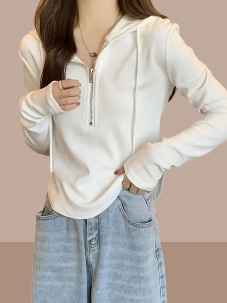 Ladies Long Sleeve Hoodie T-Shirt Zipper Spring Autumn Short Style Small Size Women's Clothing Trendy Fashion Polyester Fiber