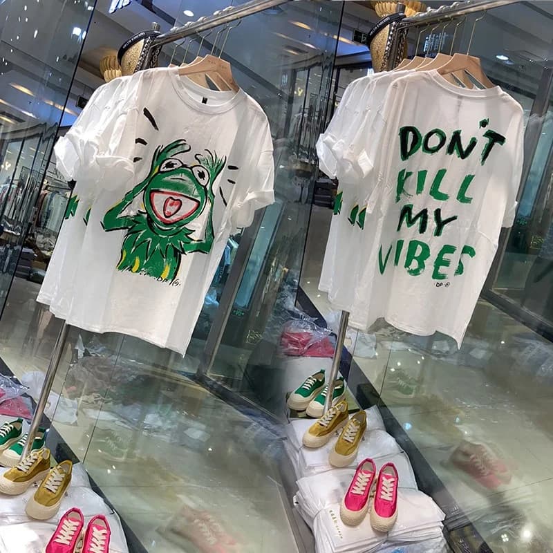 Loose Women's Short Sleeve T-Shirt Korean Style Cartoon Frog Design Summer New Arrival Casual Versatile Fashionable Polyester