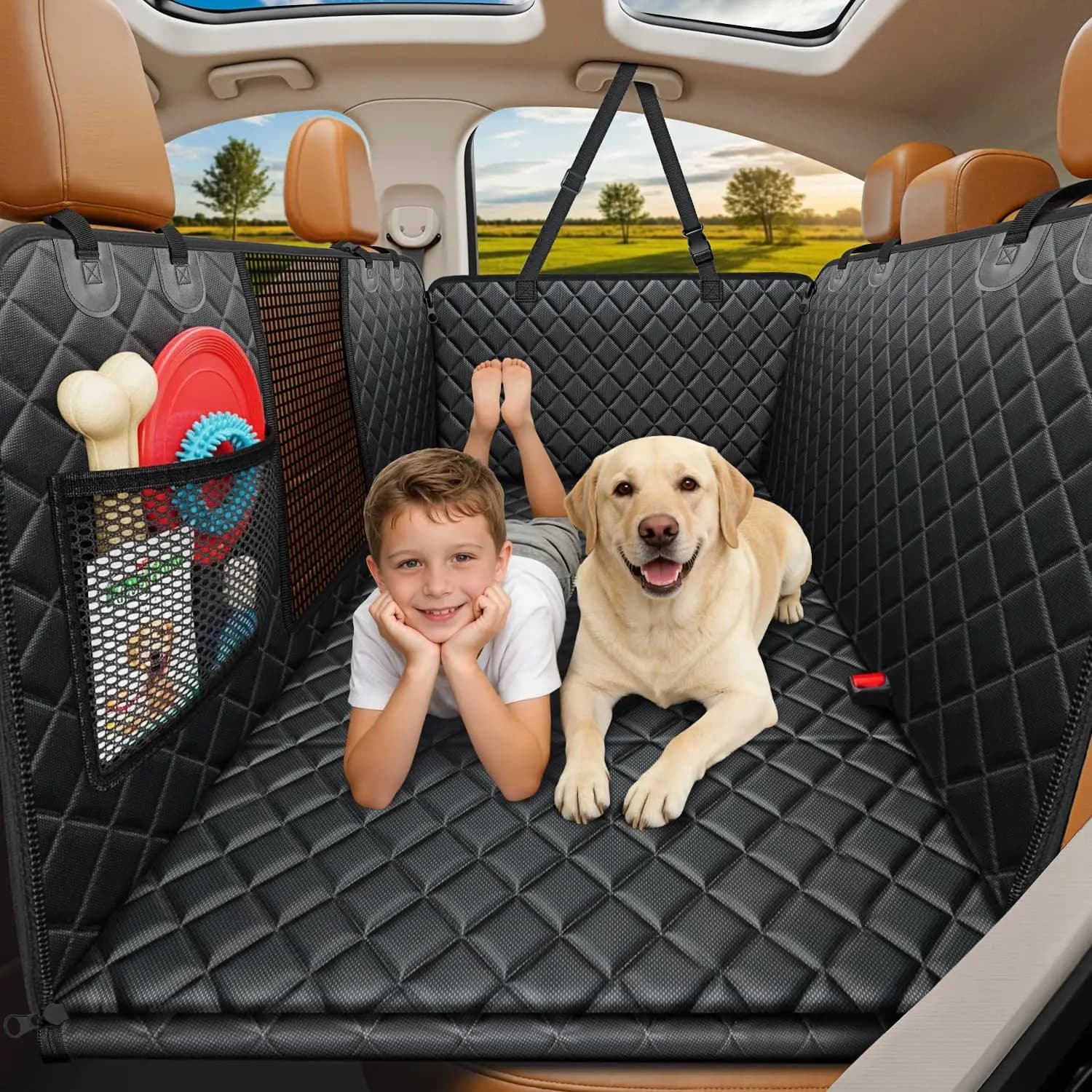 Coprisedile per auto per cani con fondo rigido e finestra in rete, regolabile per berline e SUV, protegge i sedili da graffi e sporco