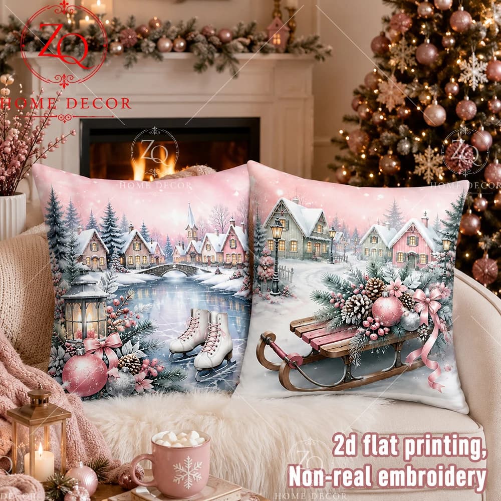 Peach Fleece Christmas Winter Pink Snow Village Sleigh Ice Skating Throw Pillow Covers For Bedroom