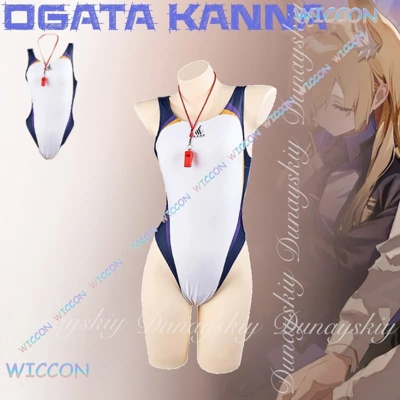 Mag/Blue Archive Gioco Ogata Kanna Cosplay con il costume da bagno bianco blu Cappotto blu con costume cosplay parrucca lunga oro chiaro