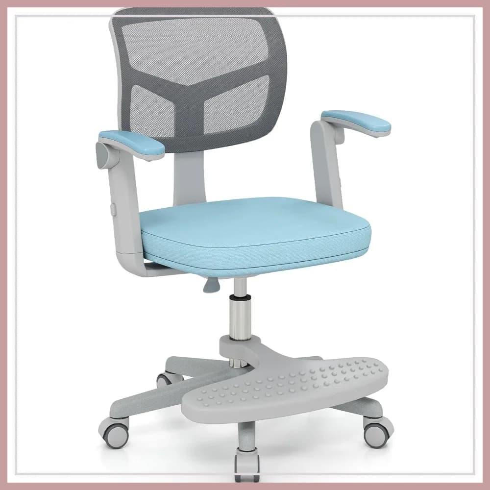 Sedia da scrivania ergonomica per bambini, altezza regolabile con poggiapiedi, sedia da computer in rete per ragazzi e ragazze, blu