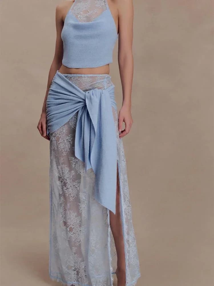 Completo da donna con gonna lunga in pizzo all'uncinetto, sexy, con bendaggio, plissettata, trasparente e spacco, per vacanze e spiaggia 2026