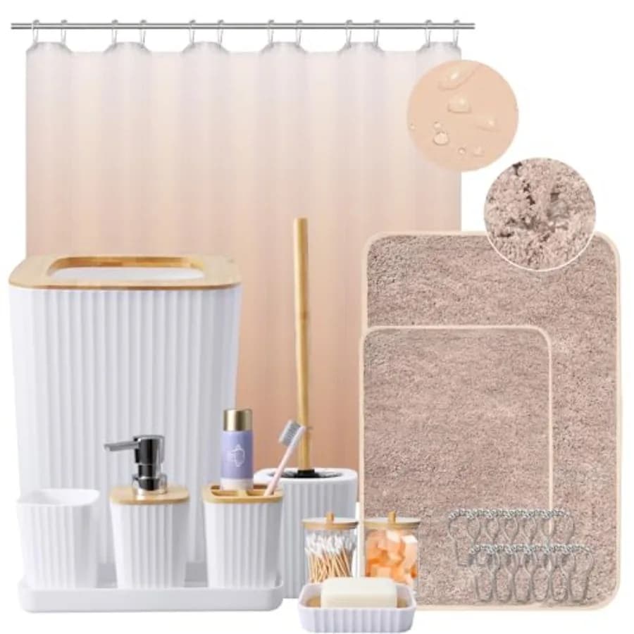 Set da 24 Pezzi con Tappeto per Doccia, Completo di Cestino, Dispenser Sapone, Portasapone, Spazzola WC, Porta Spazzolino e Vassoio Portaoggetti Q-