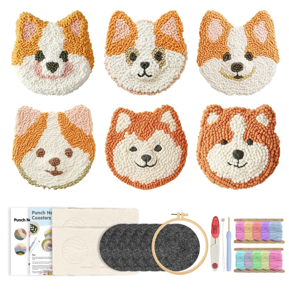 CHENSITORY 6pcs DIY Dog Pattern Punch Needle Coaster Craft Kit, Beginner Friendly Fabric Embroidery Set with Yarns, Hoop & Tools
