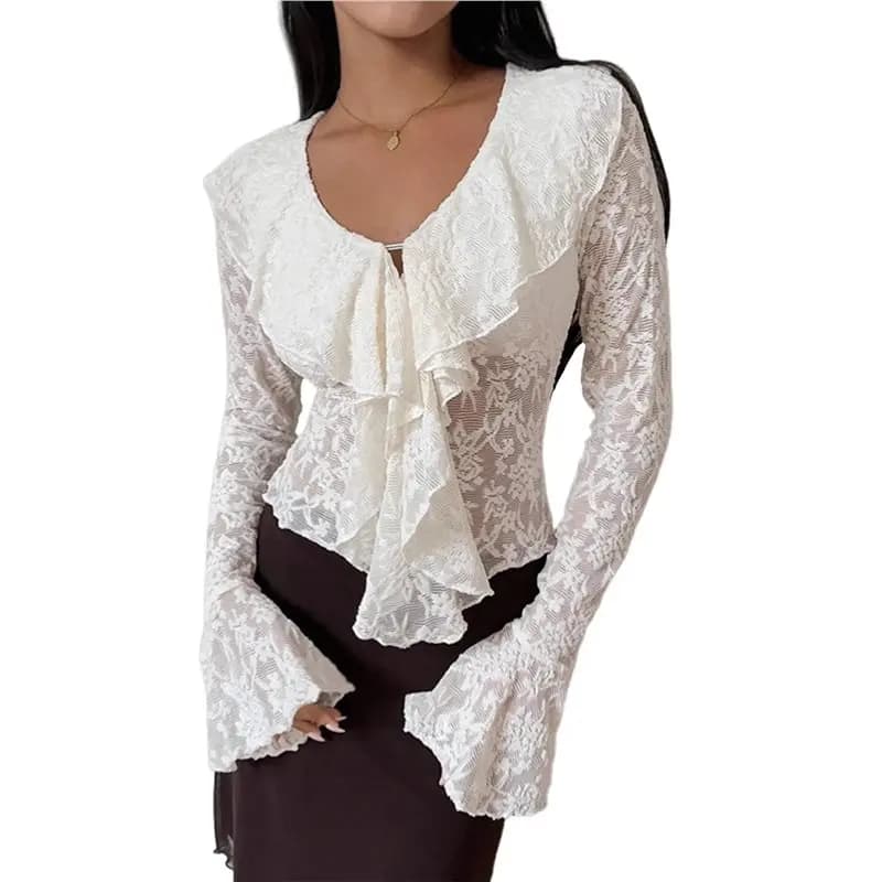CYL-Woman lace shirt with V neckline and bell sleeves, casual long sleeve top with volant for spring and autumn