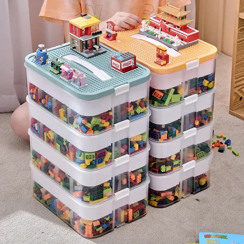 2 Layer Kids Building Blocks Storage Box Adjustable Lego-Compatible Storage Container Plastic with Handle Grid Toy Organizer