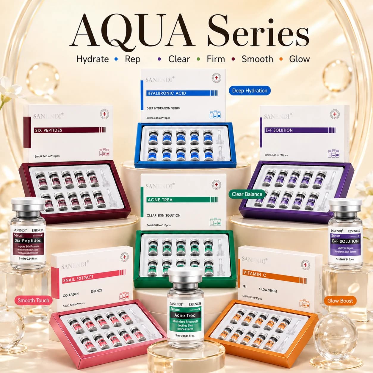 SANENDI AQUA Series Korean Skin Care Hyaluronic Acid Serum Peptides Vitamin C Essence Smoothing Moisturizes Liquid Facial Care