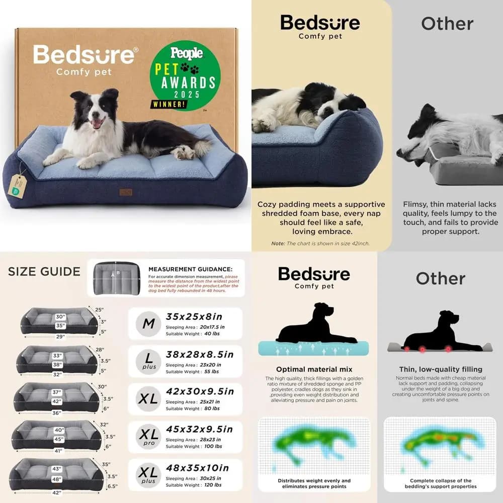 Large Orthopaedic Bed for Dogs - Extra Thick and Supporter with Waterproof Lavable Cover, Anti-slip Bottom and Sherpa Plush Lining, Blue, 38