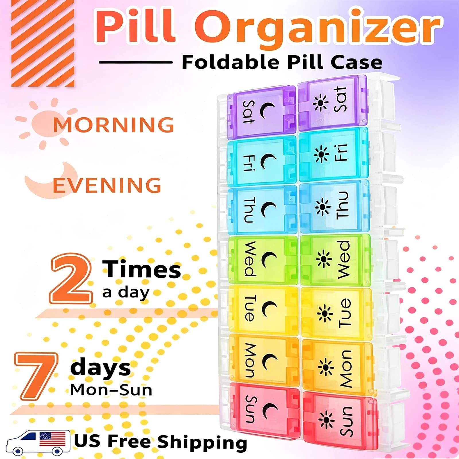 Foldable 7 Day Pill Case 14-Compartment Portable Travel Pill Organizer BPA-Free Weekly Medicine Box for Vitamin Supplements