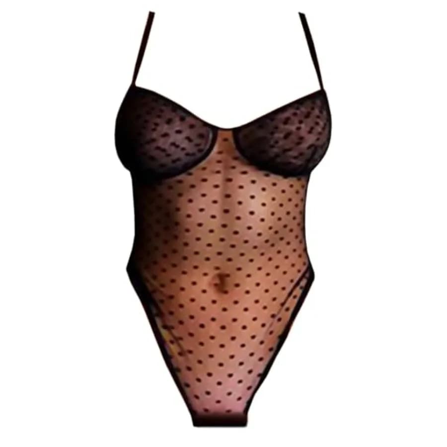 Sheer Sexy Lingerie For Women, Mesh Polka Dots Babydoll V Neck Teddy Nightgowns, Black, Onesize 2-8