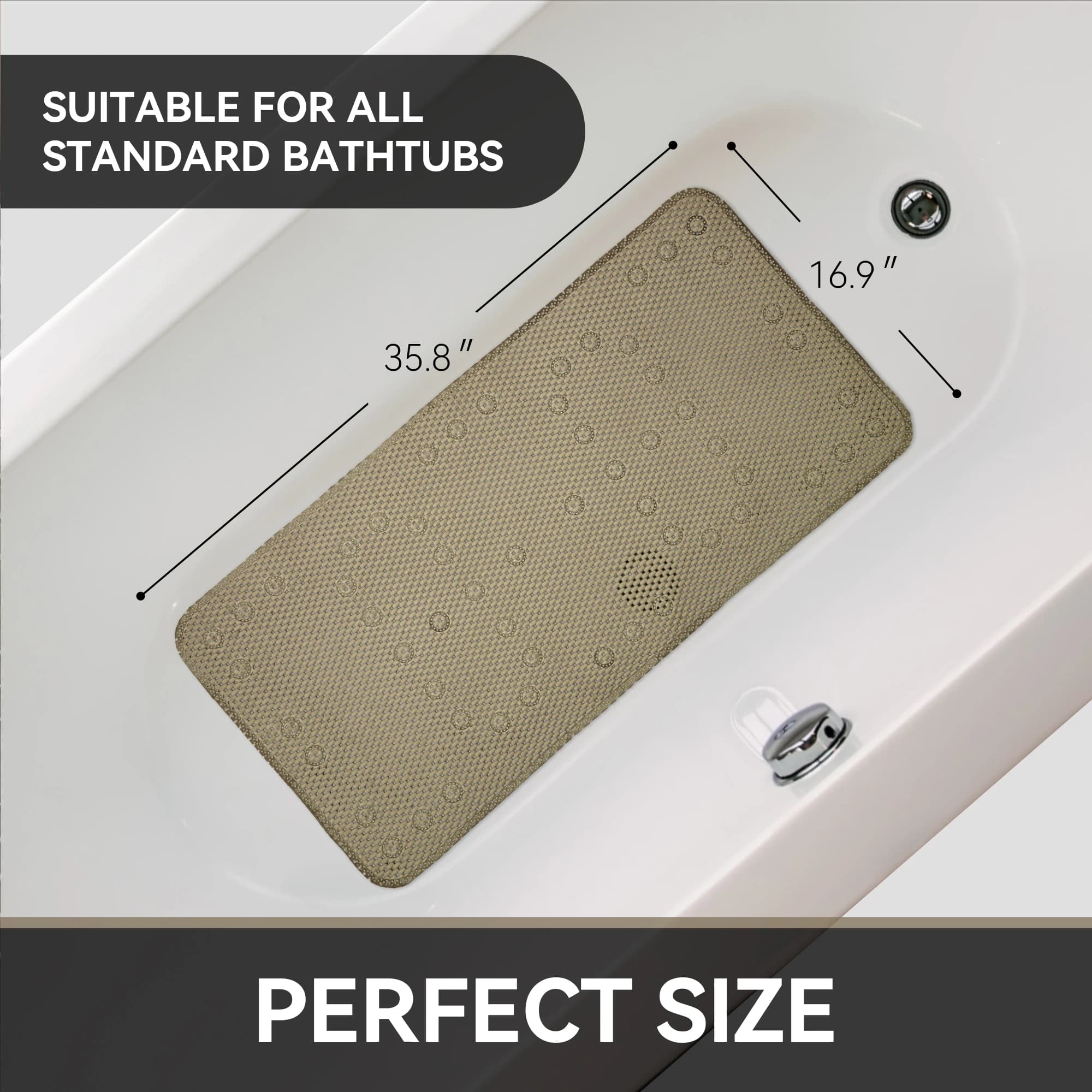 Bathtub Mat Non-Slip Shower Mats for Tub, 36×17 Inch, Bath Mat for Tub with Suction Cups and Drain Holes, Washable, Soft on Feet