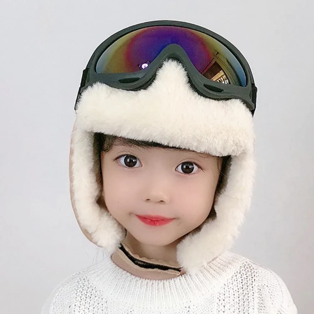 Berretto da sci caldo cartone animato con occhiali Occhiali Cappelli di protezione per le orecchie carini Cappello da pilota in peluche ispessito antivento Streetwear
