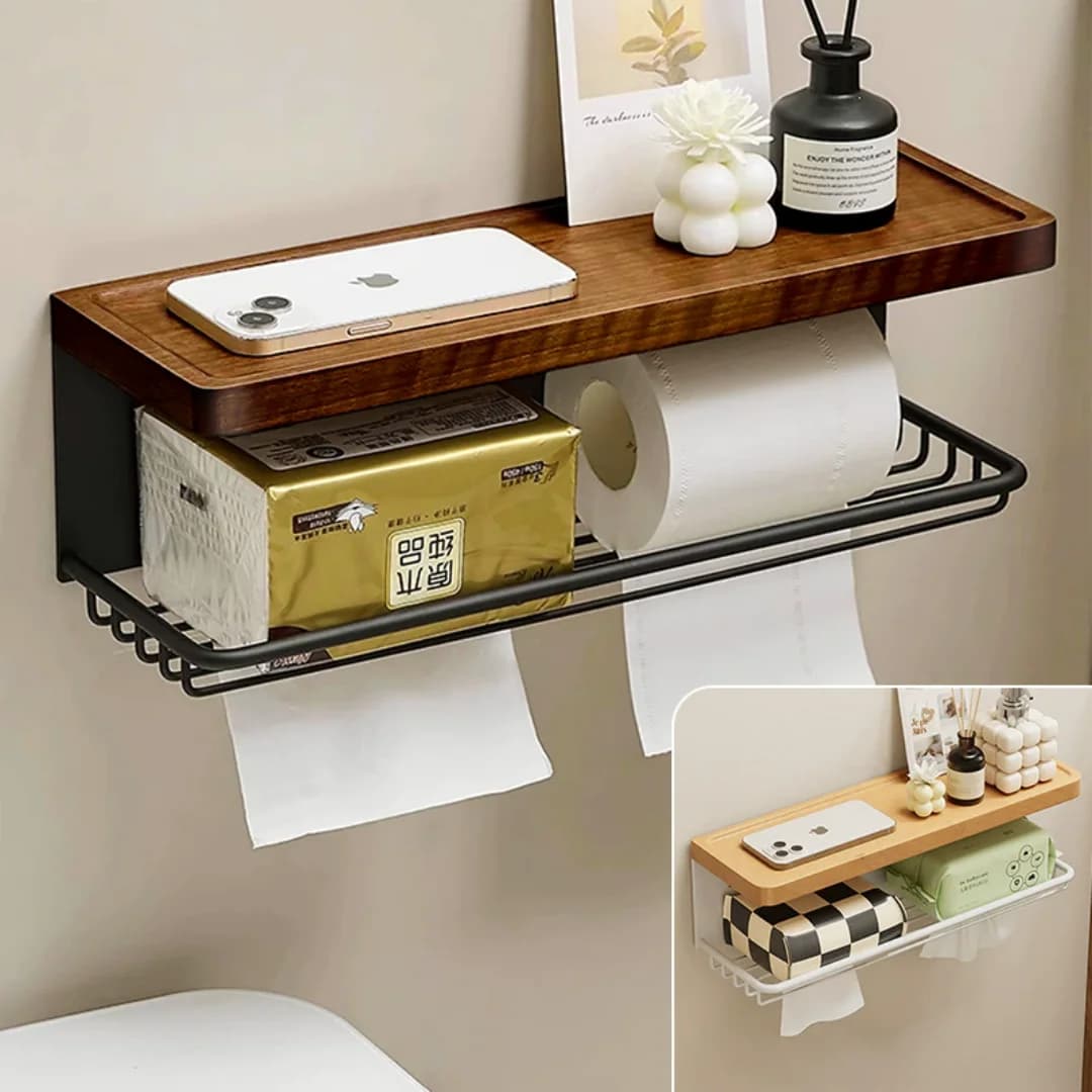 Portarotolo da bagno in legno e alluminio con ripiano Portarotolo da bagno Portarotolo da parete Portarotolo per carta igienica Scatola per fazzoletti