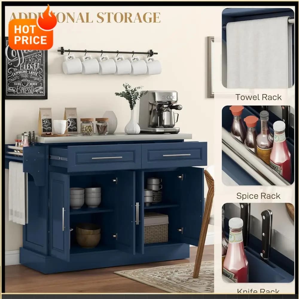 Carrello da Cucina Promozionale 47 in Acciaio Inossidabile con Ripiani Regolabili, 2 Cassetti, Porta Spezie e Portasciugamani, Blu Navy