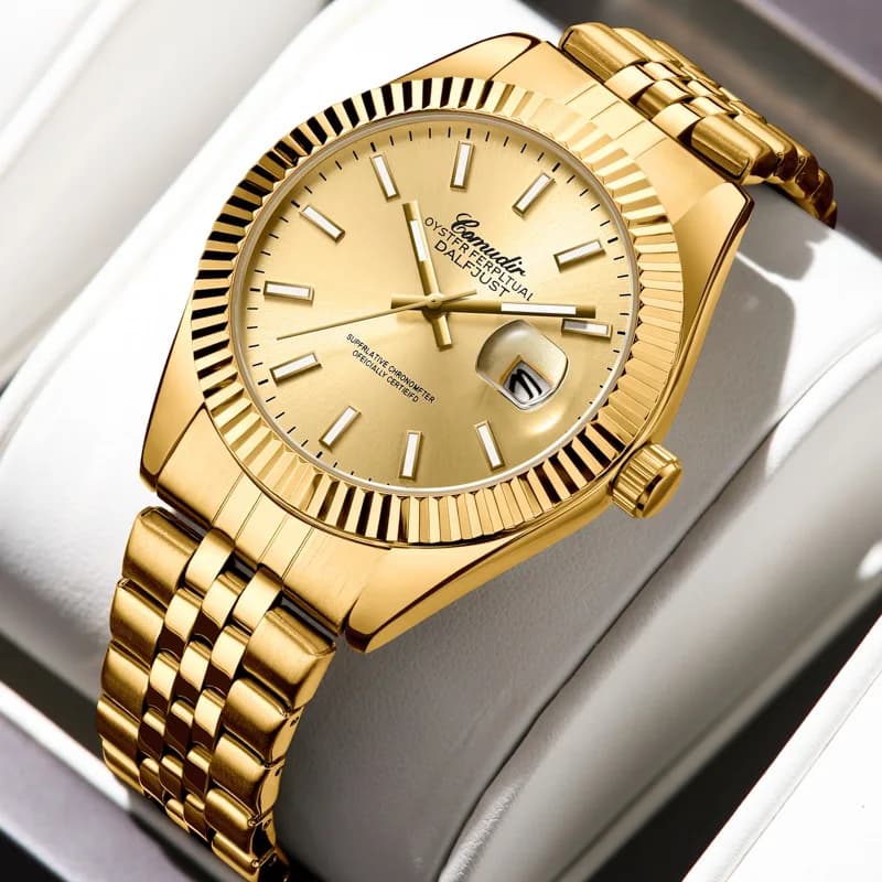 Golden Watch Men's Night Light Calendar Waterproof Quartz Watch for Men Women with Stainless Steel Band Durable Timepiece
