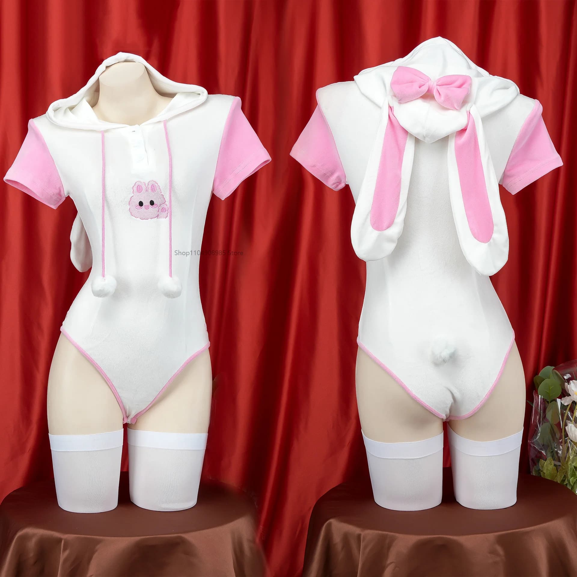 Nice embroidered rabbit printed sweatshirt with hood woman anime girl costumes cosplay ball fur role play underwear pink dress pyjamas
