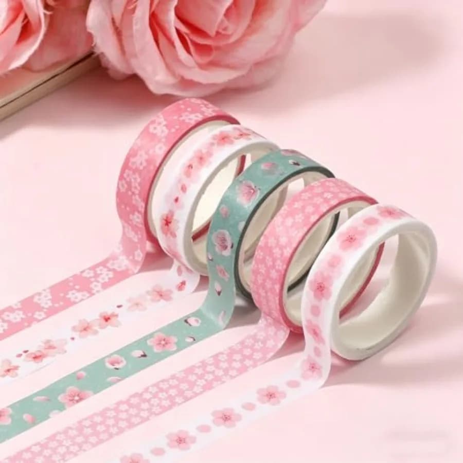5 Rolls Floral Decorative Tapes, Cherry Blossom Washi Tape Floral Washi Tape Cute Washi-Tape Set for Arts, DIY Crafts, Journals