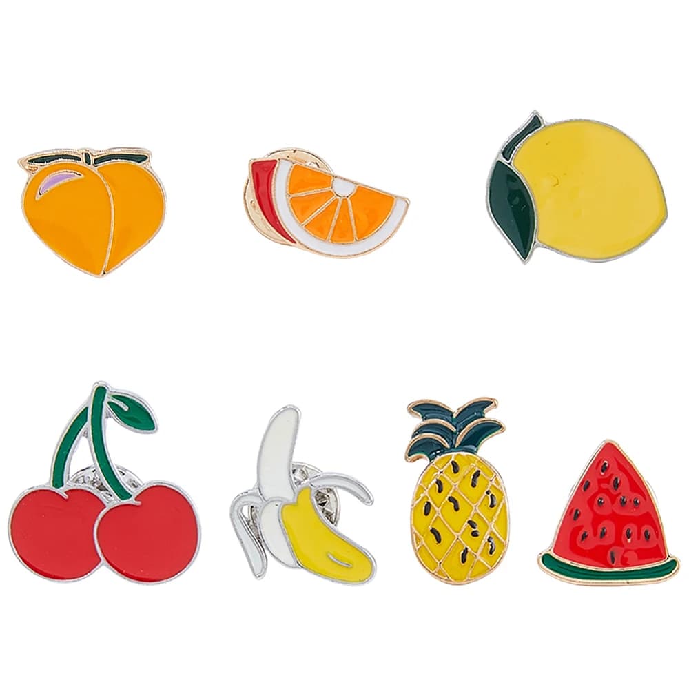 7Pcs 7 Styles Fruit Theme Alloy Enamel Lapel Pin Backs for Backpack Clothes Mixed Shapes 15.5~24.5x9.5~23.5mm 1pc/style