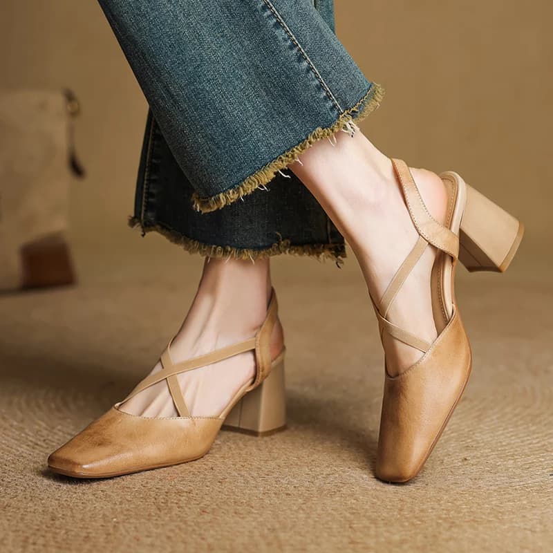 New Women's Sandals Vintage 2026 Plus Size 34-40 Leather, High Heel Retro Square, Slingback Summer Shoes with T Strap for Office and Daily Use