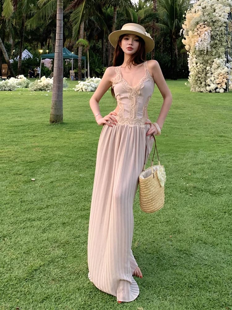 Summer Slim Fit Lace Backless Hollow out Sleeveless Dress V Neck Gored Skirt Style Retro Sexy Beach Long Dress for Young Women