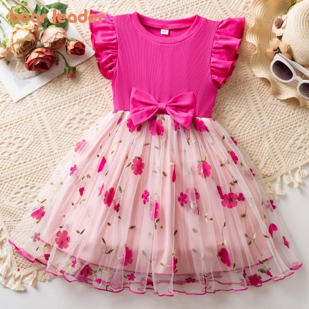 Bear Leader Abiti da ragazza in stile europeo e americano con maniche volanti color block Abiti estivi per bambini dolci con fiocco in rete a fiori
