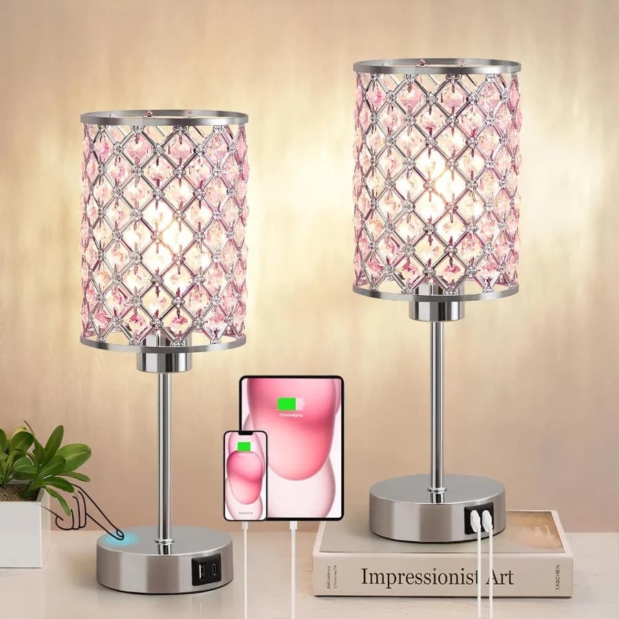 Table lamp in pink crystal Bedside lamps with touch control with USB-C+A charging ports Dimmable bedside table Small desk lamp Set of 2 fo