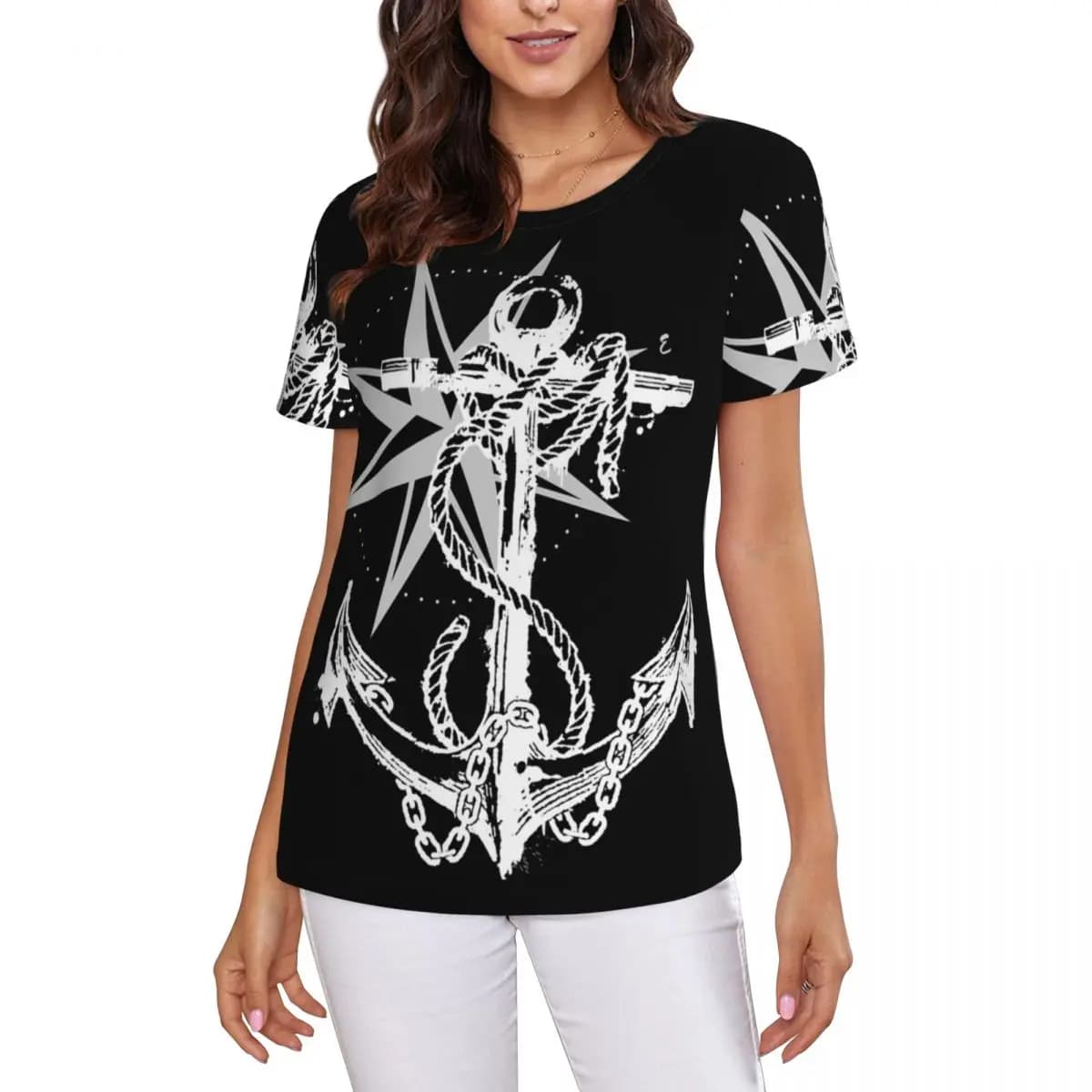 T-shirt da donna con bussola nautica, ancora e barca, a maniche corte, girocollo, in cotone, estiva, streetwear