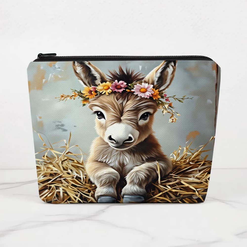Borsetta per il Trucco a Forma di Asinello con Corona di Fiori per Ragazze, Pochette Cosmetica, Borsa da Toilette, Astuccio per Matite, Contenitore da Viaggio