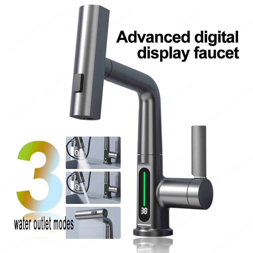 White Waterfall Extractable Kitchen Faucet Smart Digital Display Cold Hot Mixer Faucets Swivel Washbasin Faucet