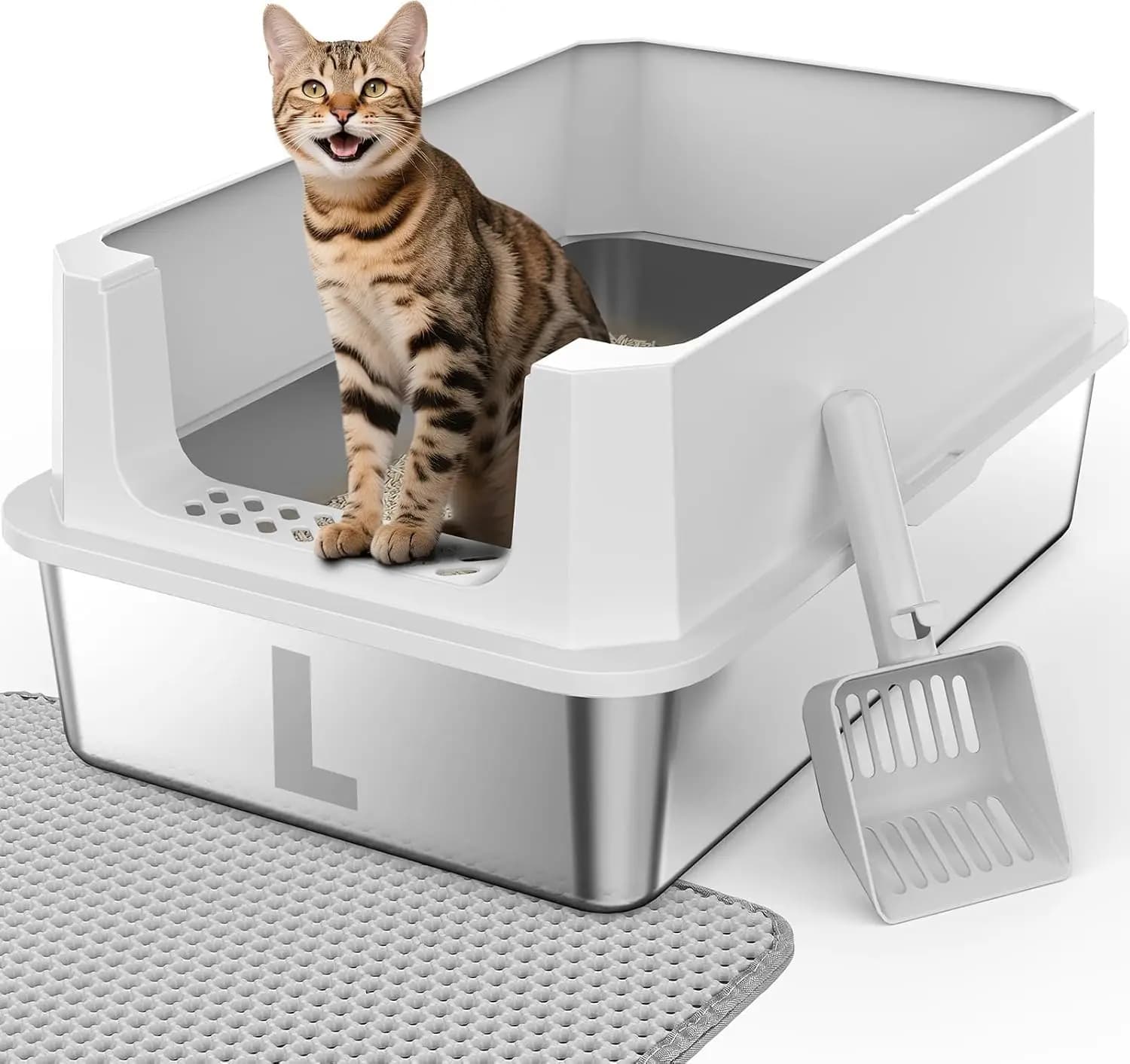 Lettiera per Gatti Grande in Acciaio Inossidabile con Coperchio, Design Anti-Perdita a Bordi Alti, Include Paletta e Tappetino per una Facile Pulizia