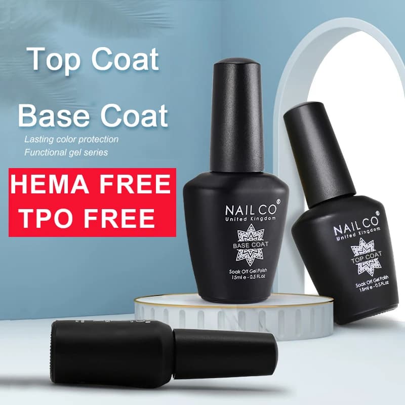 NAILCO Smalto Gel per Unghie 15ml SENZA HEMA E SENZA TPO Base Primer Trasparente Senza Residui Top Coat Trasparente Lacca Semipermanente