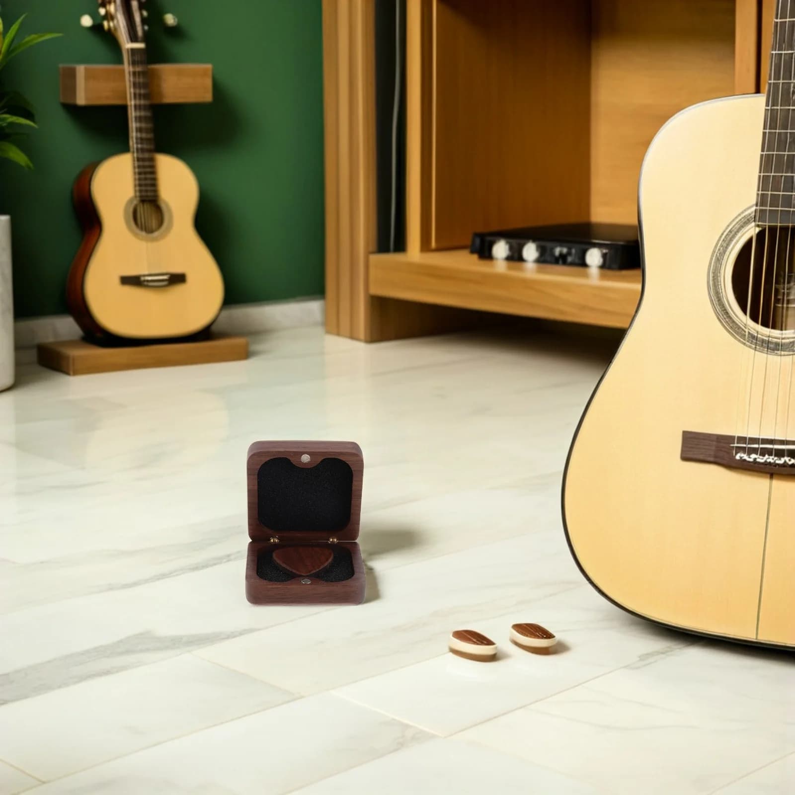 1Set Plettri per chitarra in noce in scatola Plettri per basso acustico in legno massello Mini plettri portatili per pollice per ukulele elettrico Banjo