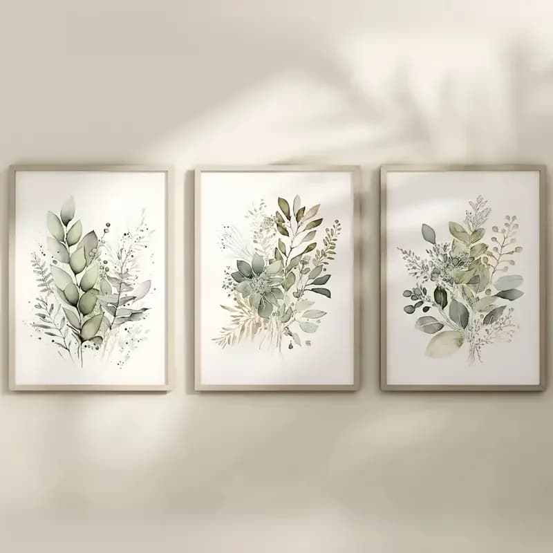 (3PCS Unframe)3pcs Watercolor Botanical Canvas Print Wall Art Sage Green Beige Wild Flowers Artwork Floral Bundle Modern Home De