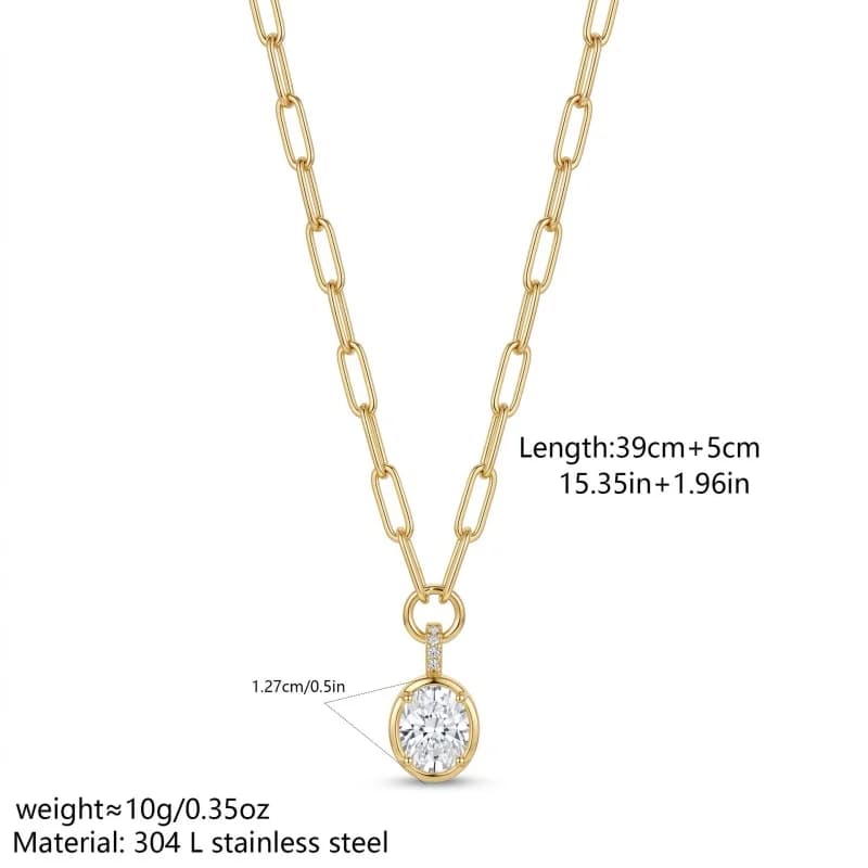 Trendy Chunky Paperclip Link Necklace with Oval Diamond‑Simulated Pendant, Elegant Dainty Gold Tone Statement Necklace