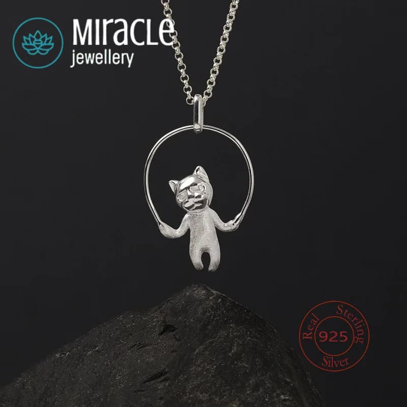 Miracolo Argento Sterling 925 Design Originale Muto Gatto Adai Reale Argento Creativo Simpatico Pet Gattino Salta Corda Cacca Scooper Collana