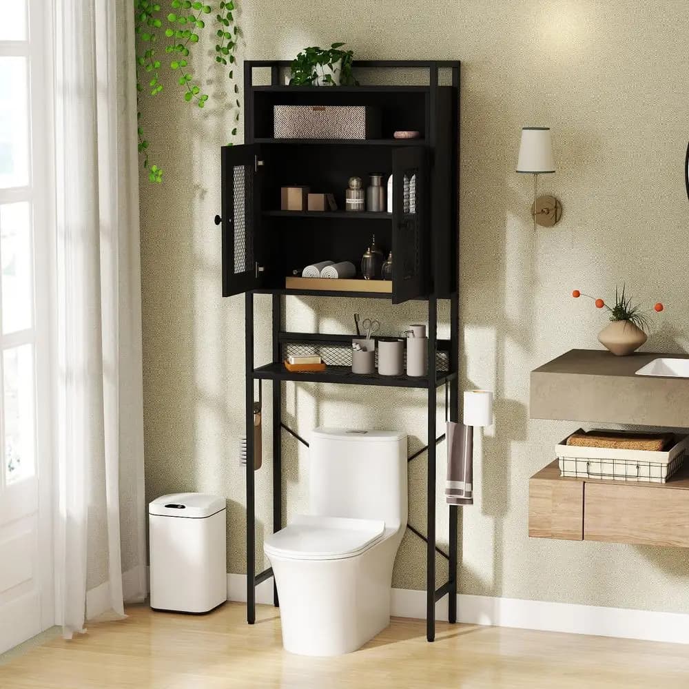 Mobiletto a 5 ripiani sopra il WC, scaffale da bagno sopra il WC con supporto in metallo, ante a griglia, porta carta igienica e porta asciugamani.