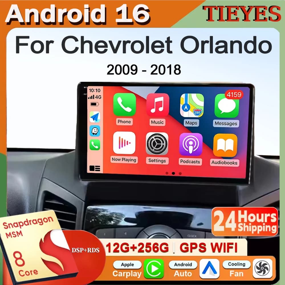Autoradio Android 16 with Carplay and Auto, Multimedia Navigator Stereo QLED GPS for Chevrolet Orlando 2009-2018