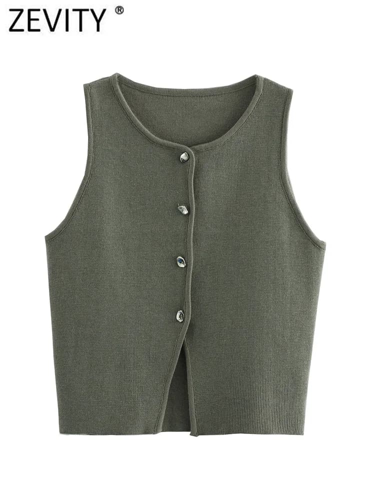 Zevity Fashion Women's Sleeveless Buttons Knitted Heel Short blouse Women's basic slim shirts Blusas Chic Crop Top LS6236