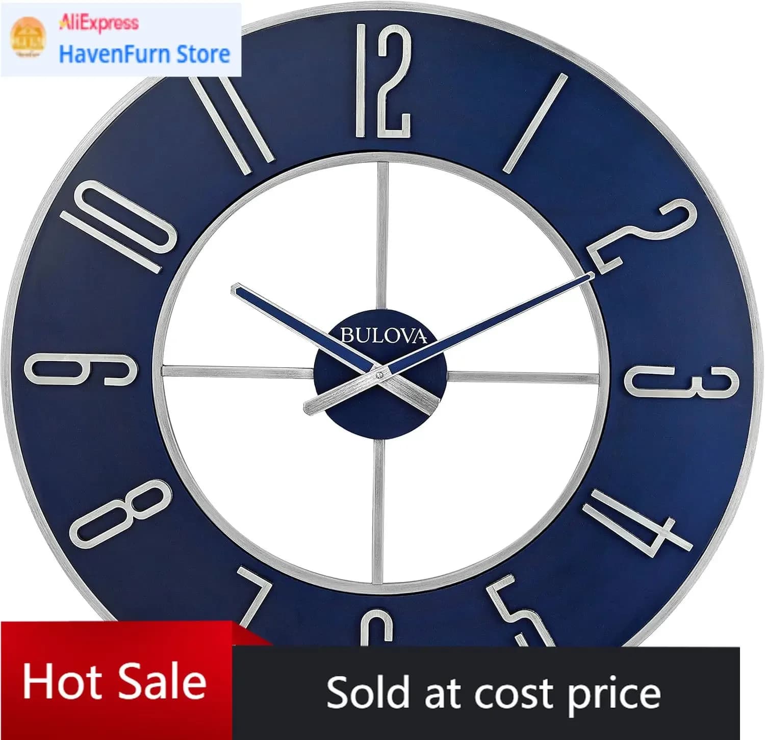 Article price: Oversize wall clock in blue steel | Model C4809, diameter 27 inches | Elegant finish in silver and blue | Contemporary design | B