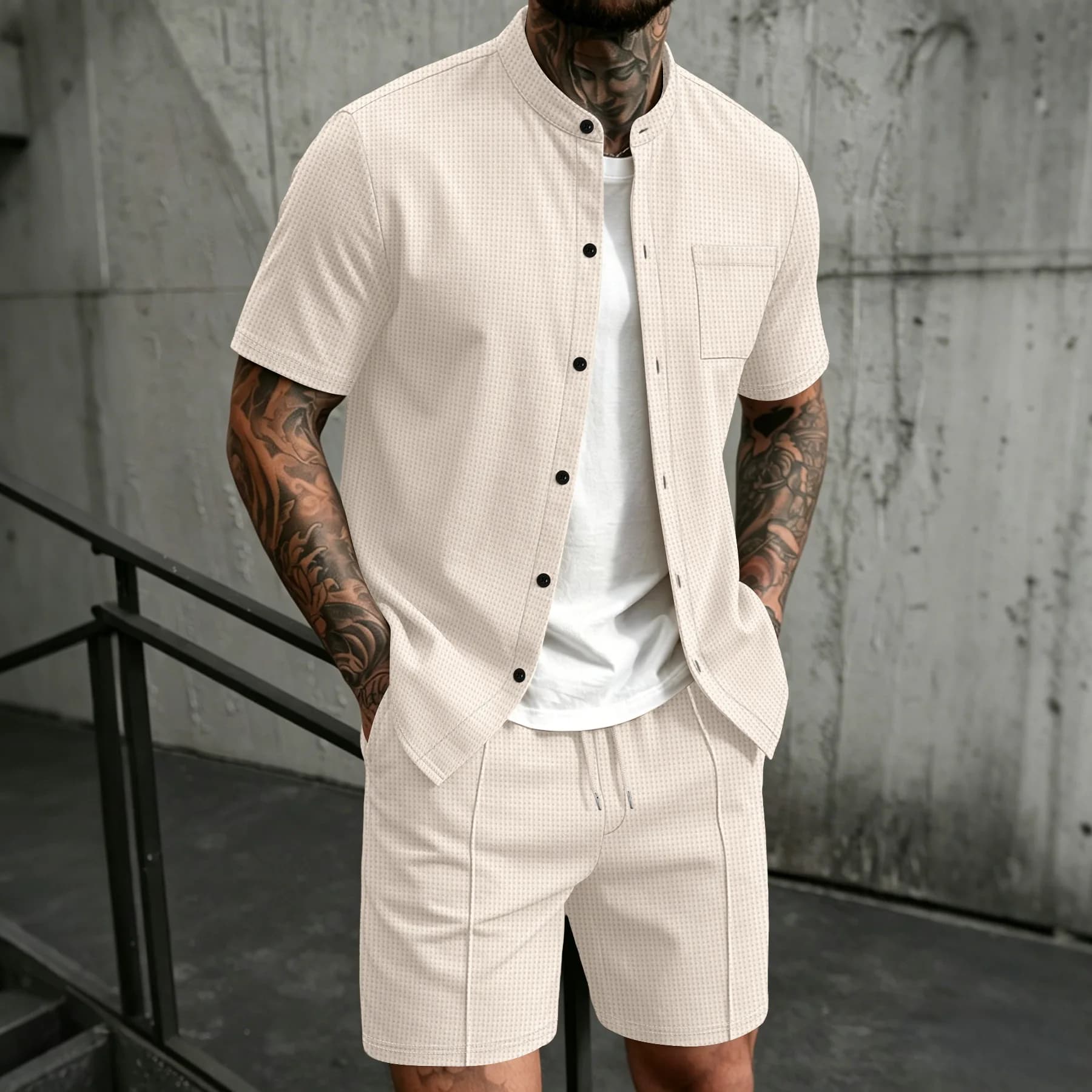 Men's New Summer Style Waffle Plain-Color Crew-Neck T-Shirt with Pocket Short-Sleeved Set with Beach Shorts Men's Casual Suit